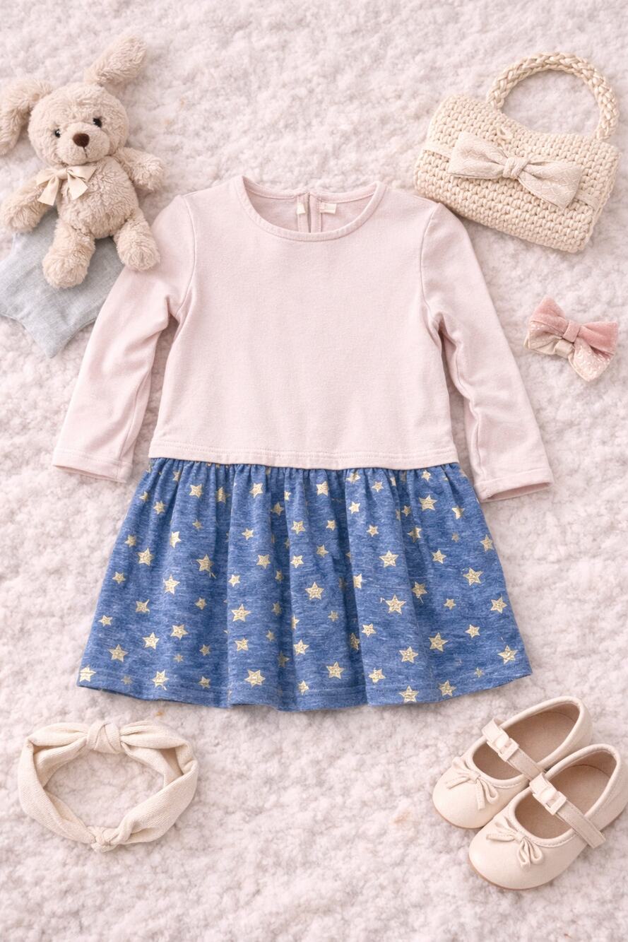 EGG Baby Girl Blush Pink & Blue Star Skirt Long Sleeve Casual Dress Size 2T